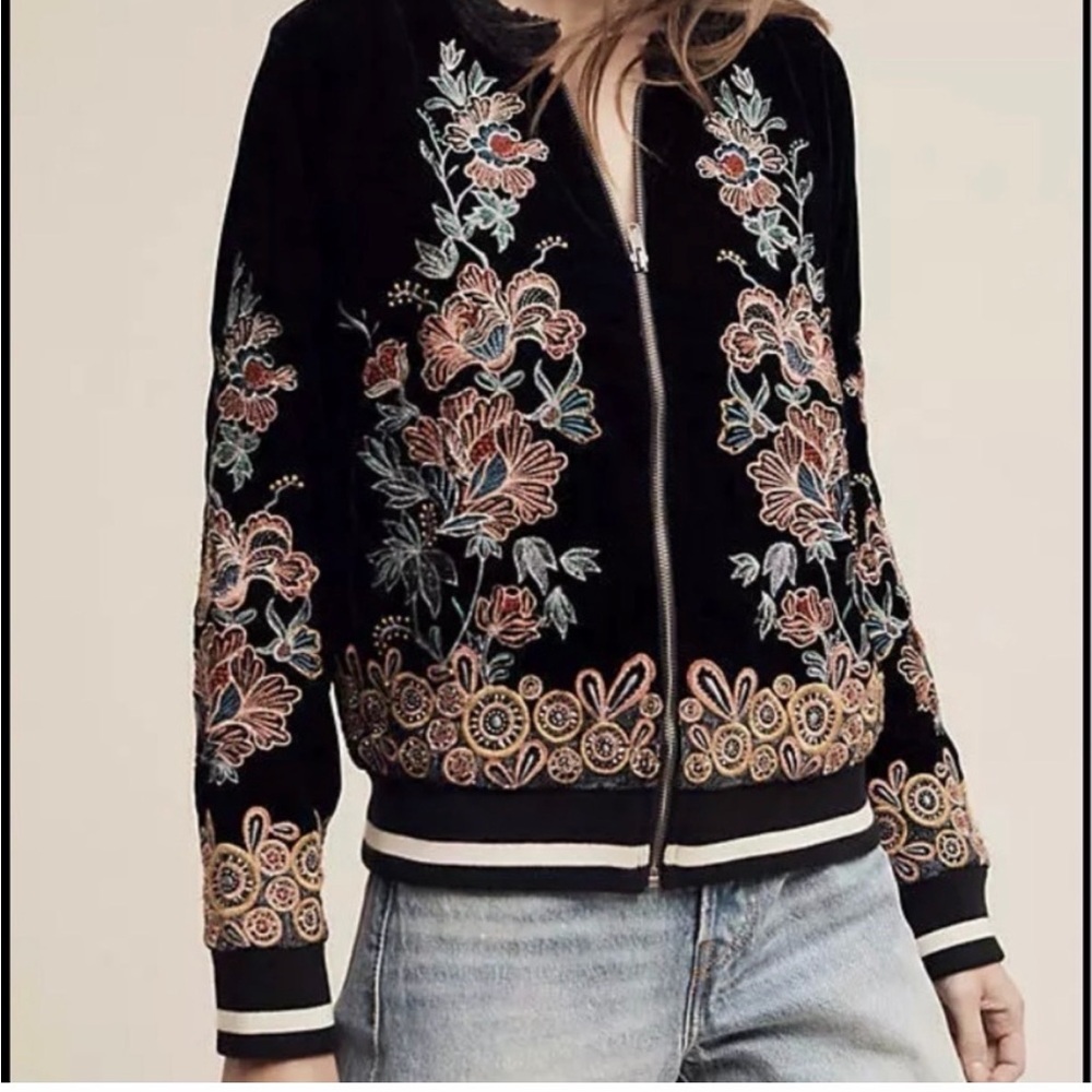 NWT Anthropologie Elevenses Black Bomber Jacket with Floral Embroidery